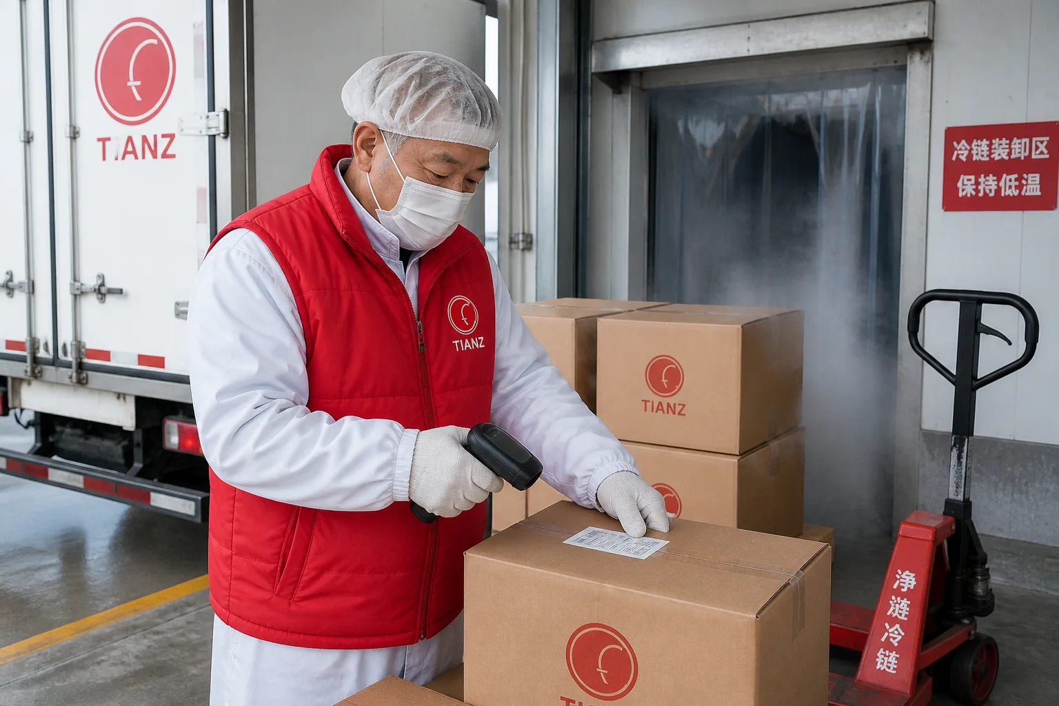 TIANZ worker scanning cartons at a cold-chain loading bay