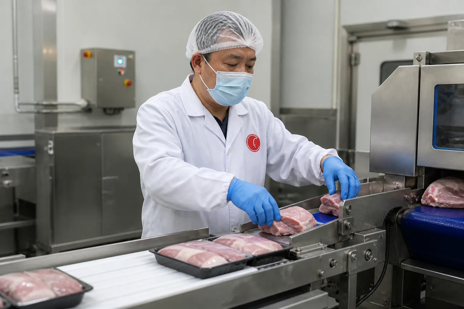 TIANZ worker operating a meat portioning line