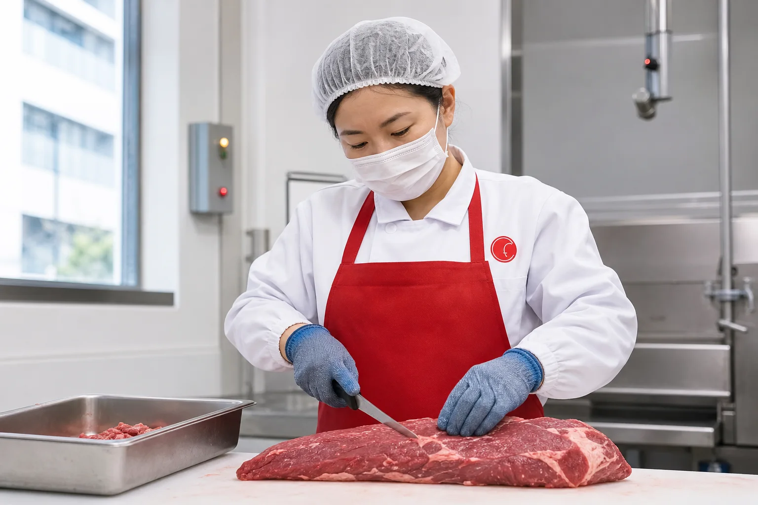 TIANZ worker trimming a beef cut at a food-safe station