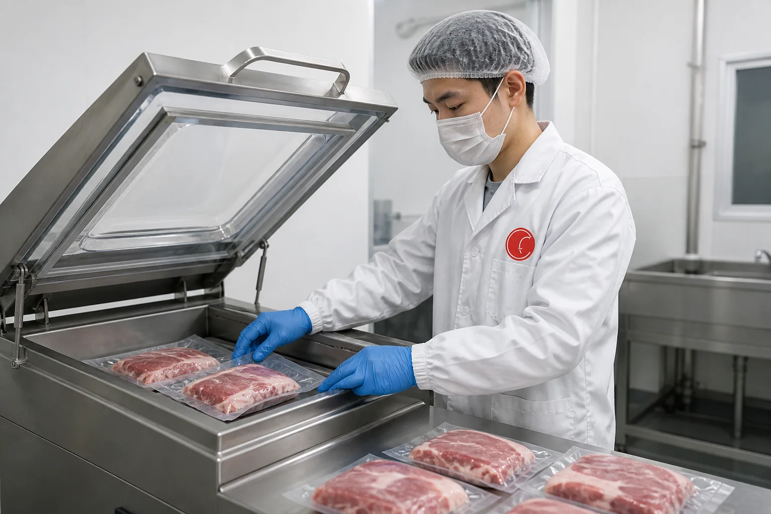 TIANZ worker using a chamber vacuum packaging machine