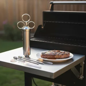 2oz Large Capacity Meat Injector Syringe Tool Set with 3 Stainless Steel Needles Easily Cleaned for BBQ Smoker Turkey Brisket