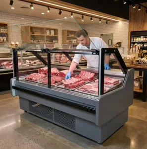 Air Cooling Flip up Glass Meat Showcase Refrigerator +2 +8C 2 Door Commercial Automatic Defrost Fresh Beef Pork Chilled Fridge