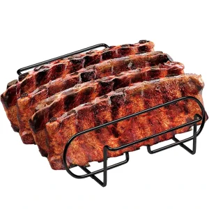 BBQ Rib Racks Non Stick Coated Steel Heat Resistant Roasting Meat Grilling Stand Holds 4 Rib Racks Gas Grill