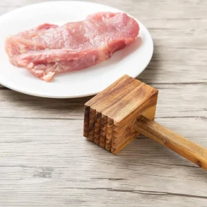 Brown Acacia Kitchen Meat Tenderizer Mallet Marinating Prep Tool Single Sided Wooden 11.75 Inch Meat Tenderizer