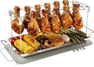 Chicken Leg Rack for Grill 14 Slots with Drip Pan Sturdy Stainless Steel Drumstick Holder for Oven & Smoker