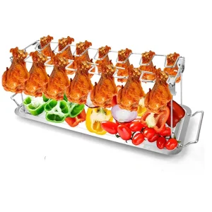 Chicken Leg Wing Grill Rack 14 Slots Stainless Steel Roaster Stand BBQ Chicken Drumsticks Rack with Drip Tray