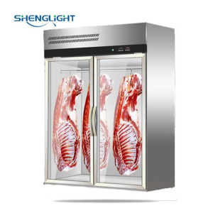 Commercial Vertical Double Glass Door Hanging Meat Refrigerator Beef Mutton Display Case Fresh Chilled Food Rail System