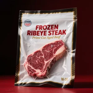 Custom Printed Glossy Finish FROZEN RIBEYE STEAK Food Grade Anti-corrosion Round Hole PET+PE Laminated Mylar Bag Heat Sealing