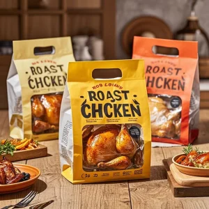 Custom Printed Microwaveable Takeaway Zipper Plastic Deli Food Rotisserie Packaging Roasted Chicken Bags with Handle