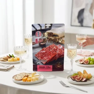 Customized Printed Glossy UV Food Packaging Bags Snack Pork Jerky Eight sided sealed Standing Bags with Airplane Openings