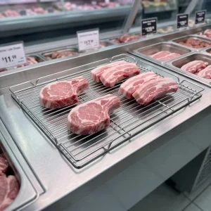 Polished SS304 Stainless Steel Pork Display Rack Sanitary Meat Grid for Supermarket Fresh Meat Section and Butcher Shop