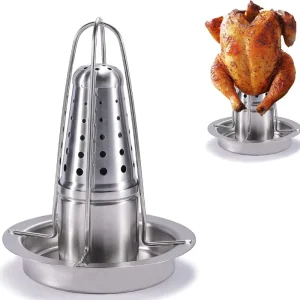 Stainless Steel Chicken Holder Perforated Aroma Infuser Poultry Holder with Drip Tray for BBQ Grill Oven Camping Cooking