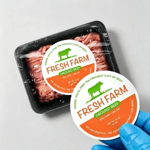 Waterproof Food Packaging Label Custom Printed Round Self Adhesive Meat Sticker for Fresh Beef Pork Ground Meat Tray Box